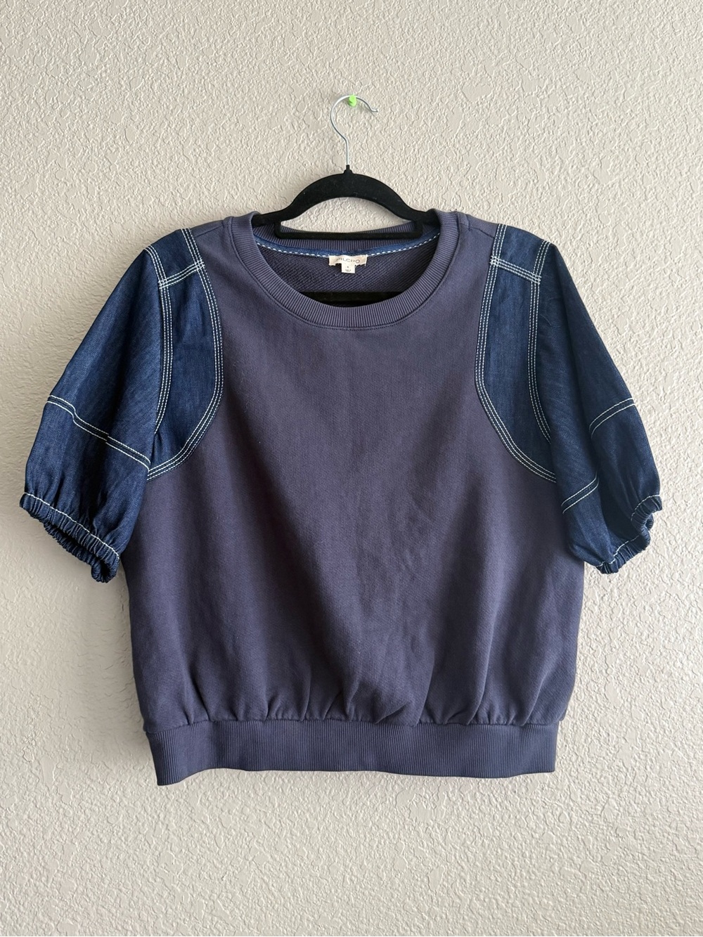 Pilcro Anthropologie Denim Sleeve Twofer Sweatshirt Small Puff Sleeve Top Fall - Picture 4 of 6